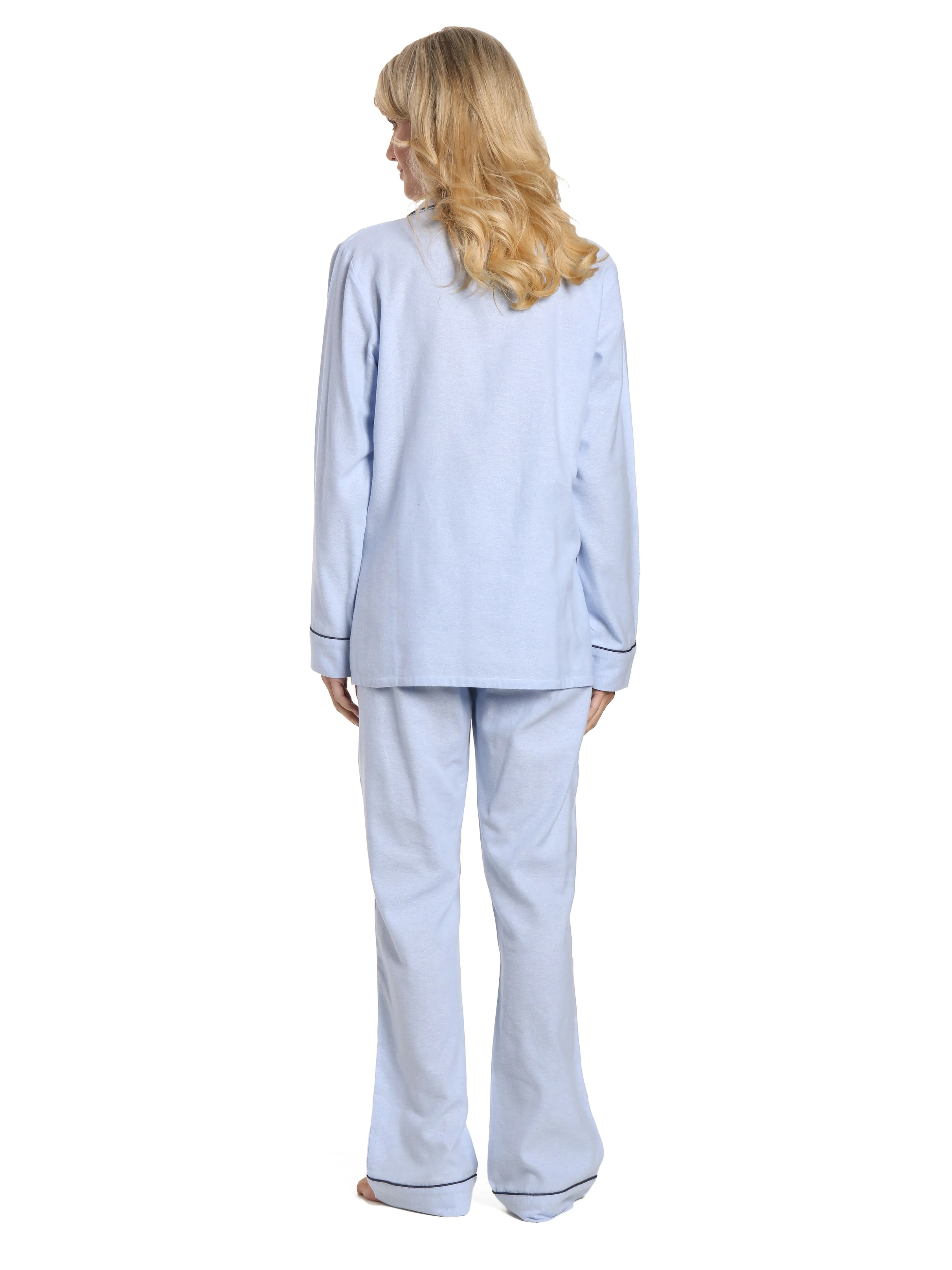 Womens 100% Cotton Lightweight Flannel Pajama Sleepwear Set - Herringbone Chambray Blue