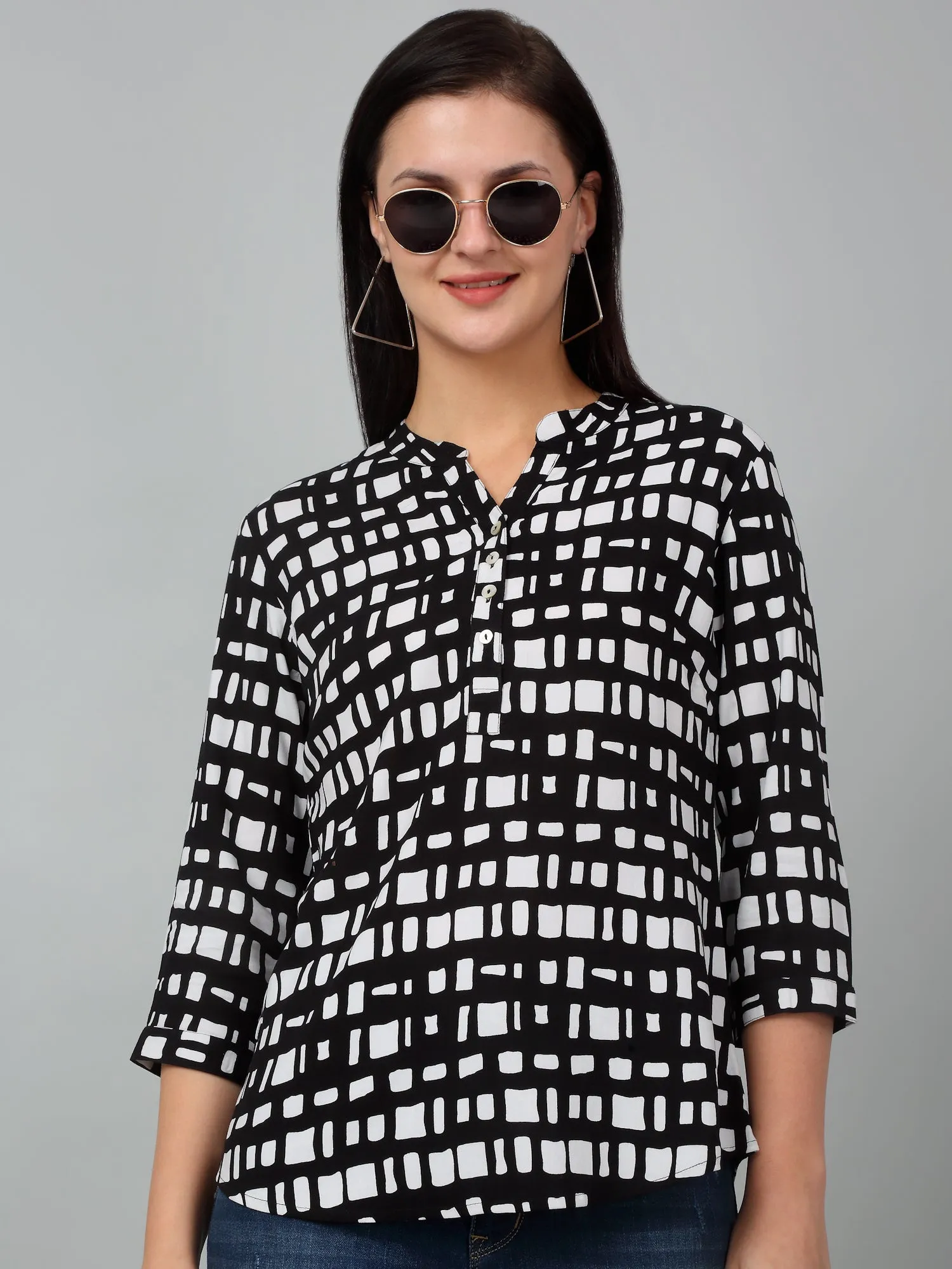 Women's Casual  Black Geometric Print Mandarin Collar Tunic