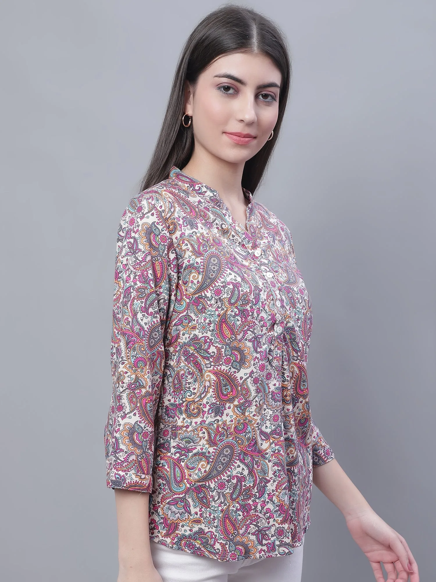 Women's Casual  Multi Color Paisley Print Mandarin Collar Tunic