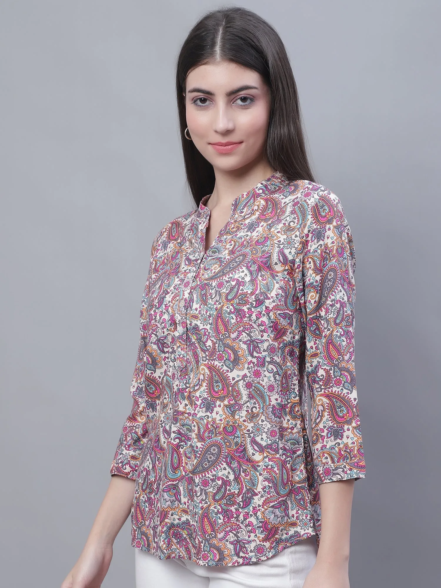 Women's Casual  Multi Color Paisley Print Mandarin Collar Tunic