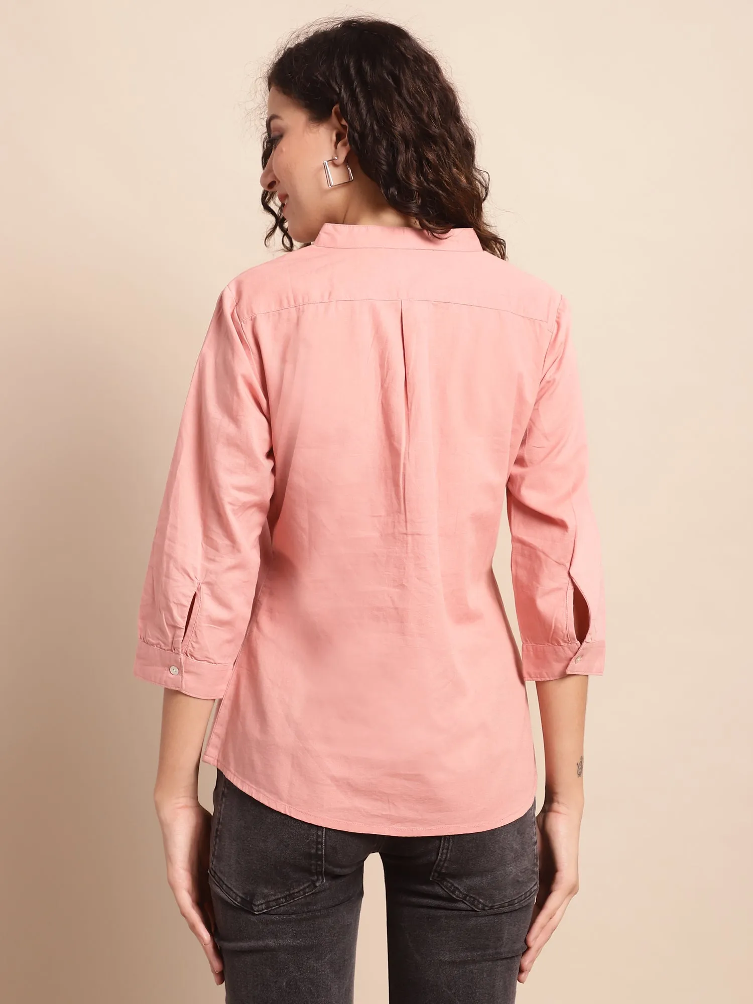 Women's Casual  Peach Solid Mandarin Collar Tunic