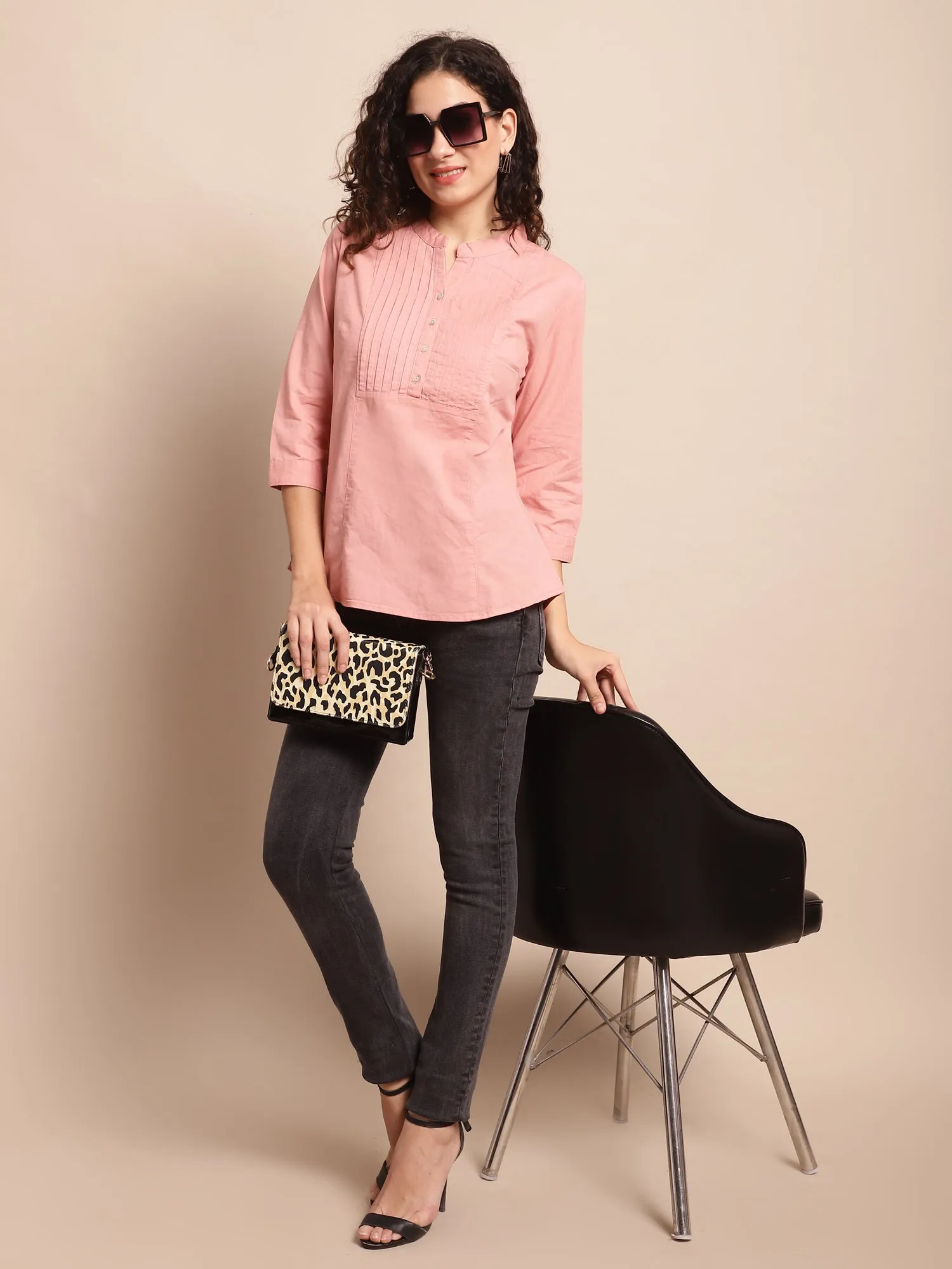 Women's Casual  Peach Solid Mandarin Collar Tunic