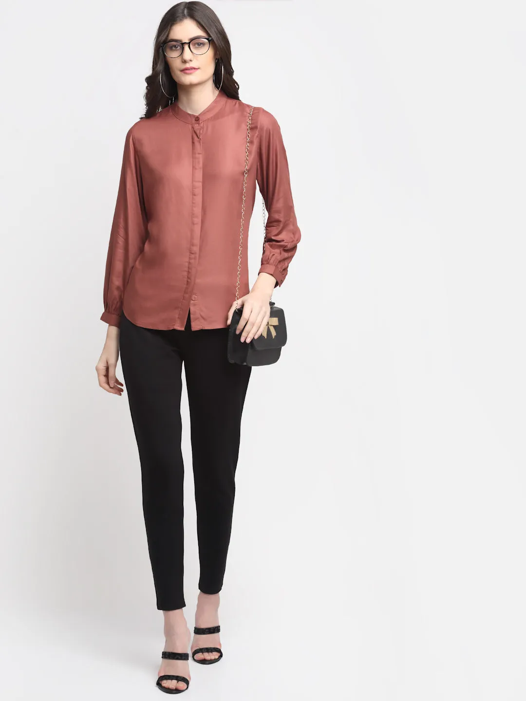 Women's Casual  Rust Solid Mandarin Collar Tunic