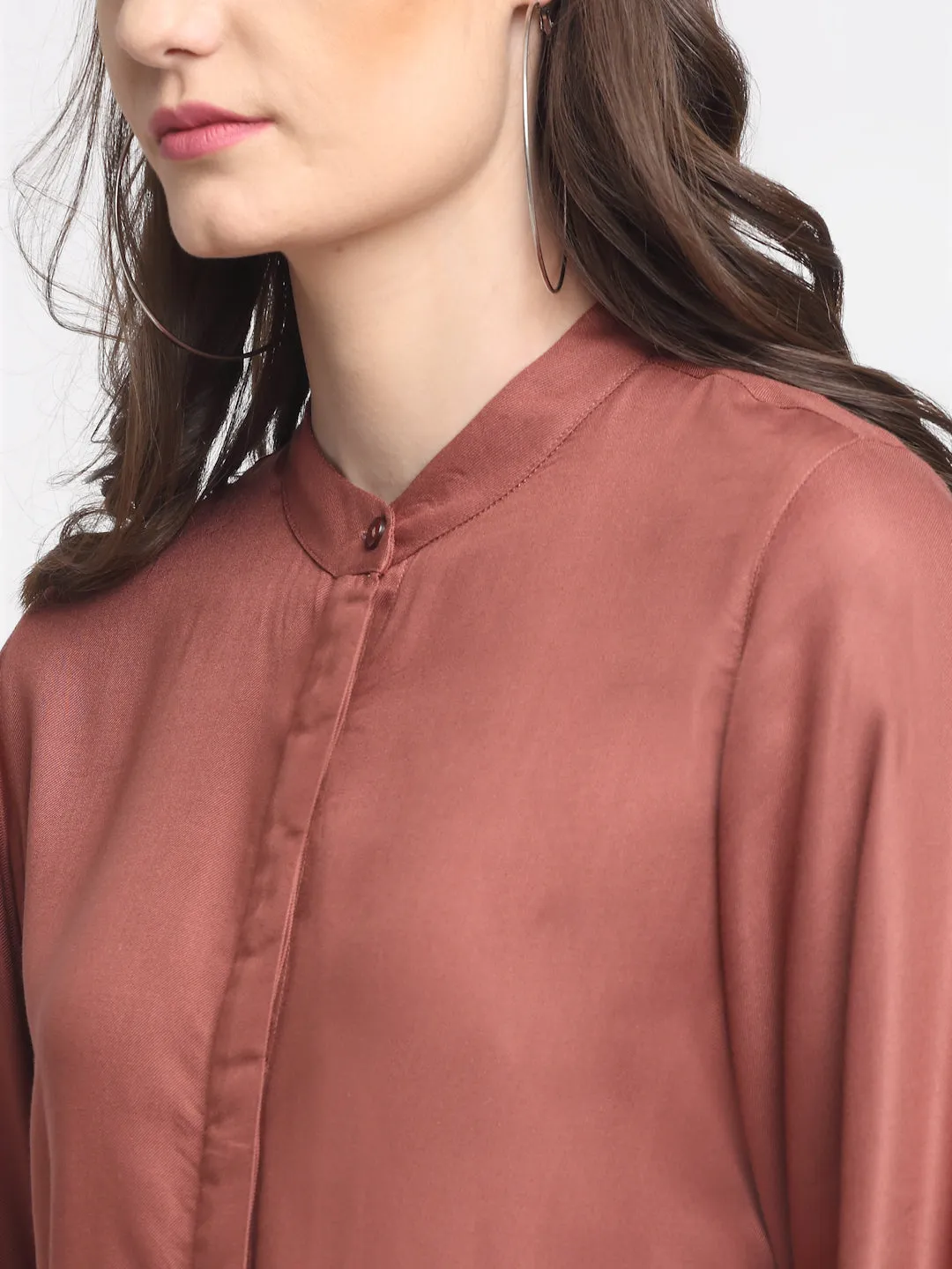 Women's Casual  Rust Solid Mandarin Collar Tunic