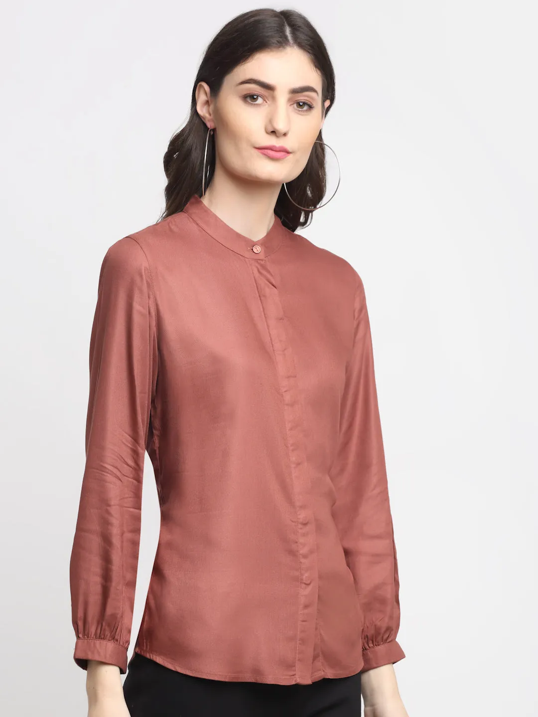 Women's Casual  Rust Solid Mandarin Collar Tunic