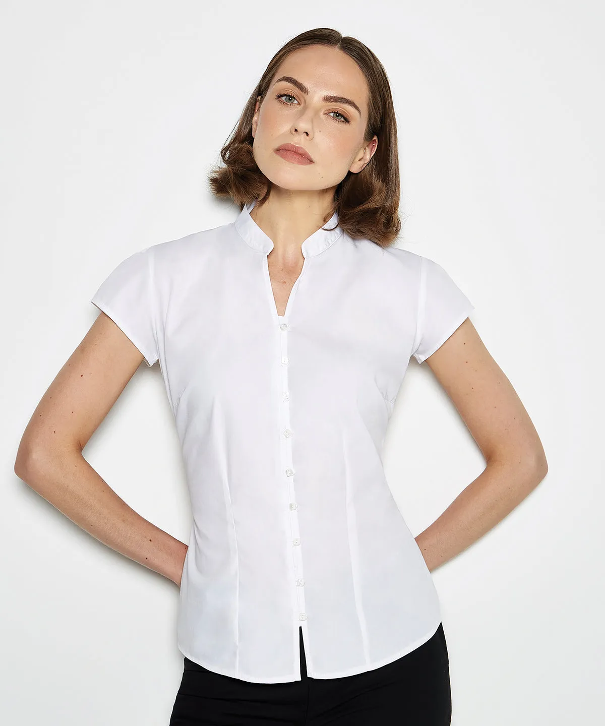 Womens continental blouse mandarin collar cap sleeve (tailored fit) | White