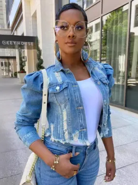 Women's Denim Puff Sleeve Denim Jacket