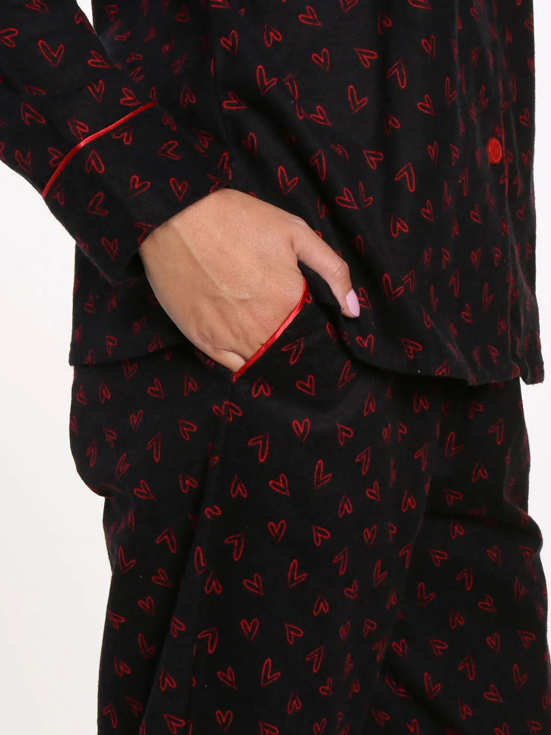 Womens Premium 100% Cotton Flannel Pajama Sleepwear Set - Doodle Hearts Black-Red